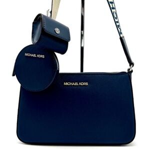 Michael Kors Small Leather Crossbody Bag w Case for Apple Airpods Pro® Navy